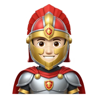 A friendly Trojan warrior mascot with a large cartoon-style head, wearing a silver helmet with a red crest and black cheek guards.  confident smile. The character wears dark armor with metallic details and a bright yellow cape.  sticker