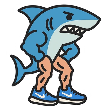 cartoon shark with muscular legs wearing blue Nike shoes colorful outlined icon style vibrant colors sticker