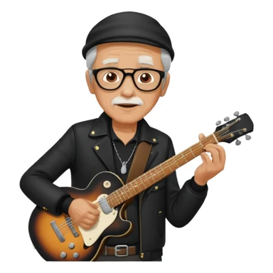 guitar rock player, elderly head, black jacket sticker