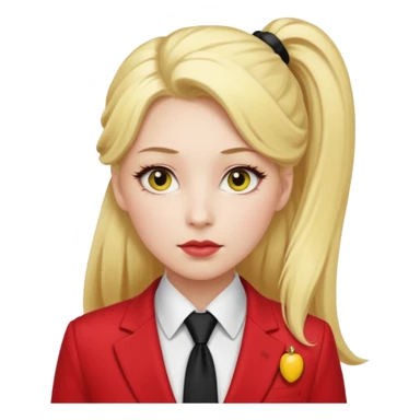 Woman with porcelain white skin, thick blonde hair that's in a thick, long ponytail, has a black tipped nose, yellow scleras, red pupils, and a red suit with a black tie. sticker