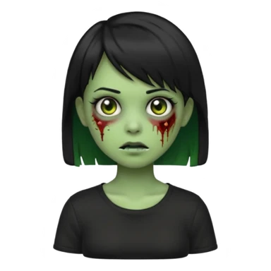 Emoji zombie girl verde com cabelo preto liso  curto com franja pro lado com uma blusa preta sticker