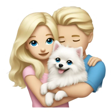 Blond girl white skin blue eyes hugging white Pomeranian with light pink bow sticker
