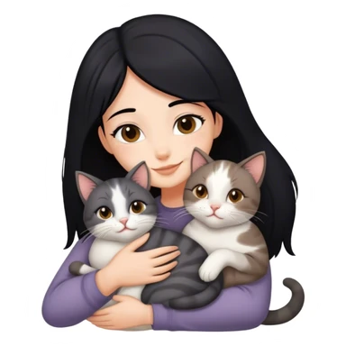happy girl with black hair hugging three cats  (carey cat, gray cat, brown calico cat) sticker