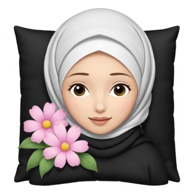 The image is a close-up selfie of a young woman wearing a white hijab. She is lying on her back with her head resting on a black pillow. She has a pink flower in her hair and is looking directly at the camera with a slight smile on her face sticker