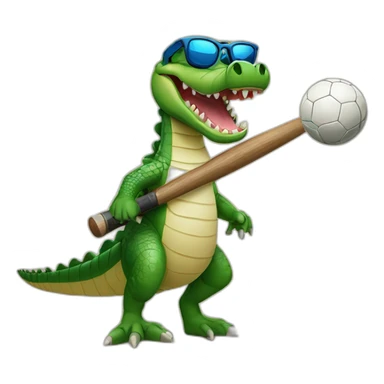 Crocodile with sunglasses leaning on a baseball bat and a soccer ball at his feet sticker