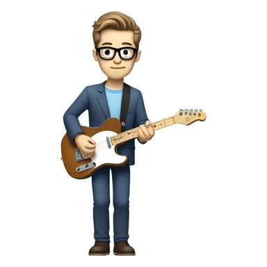 A nerdy white guy with glasses with short brown hair with a small quiff playing a blue classic telescaster sticker