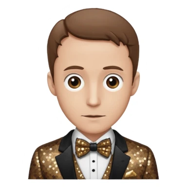 Max Schreck with brown hair, brown sequin suit with bow tie sticker