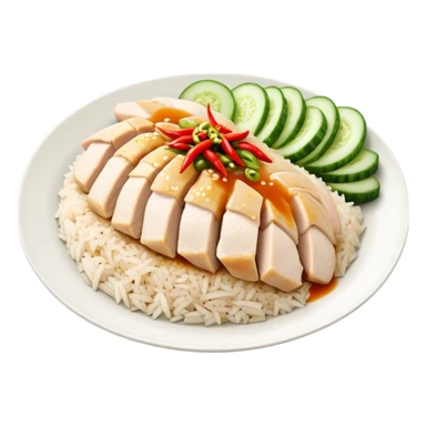 Singapore Hainanese chicken rice with sliced chicken, fragrant rice, cucumber and chili sauce sticker