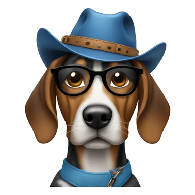Blue tick hound wearing sunglasses and a cowboyhat sticker