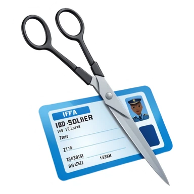 Floating black Scissors cutting an idf soldier ID card in 2 parts .hyper realistic sticker