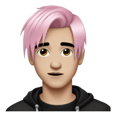 Create an emoji of an emo guy with split-dyed hair (one side pastel pink, the other side black), wearing black clothes and a subtle sad expression, inspired by the style of Lil Peep. sticker