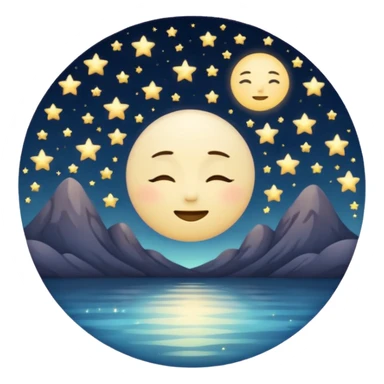 "Design a calming circle emoji for evening reflection. Soft moonlight, gentle stars, peaceful or spiritual symbols. No people - emphasize tranquil colors, night sky elements, and serene spiritual imagery." sticker