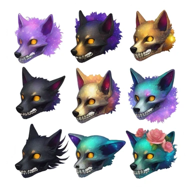 Black iridescent fluffy dog fox head skull zombie skull skeleton skull gold mechanical steampunk raven wings nebula galaxy stars colorful flowers fairy lights vintage sticker