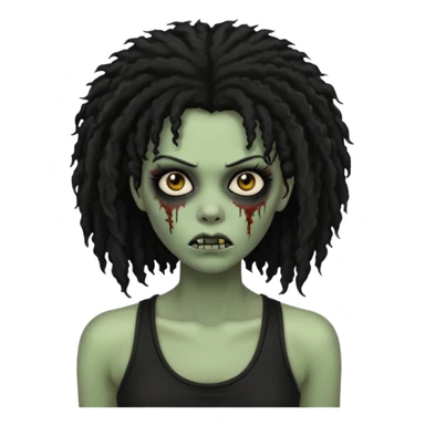 a female zombie with sage green skin, black long afro afro hair with edges, and a black tank top  sticker
