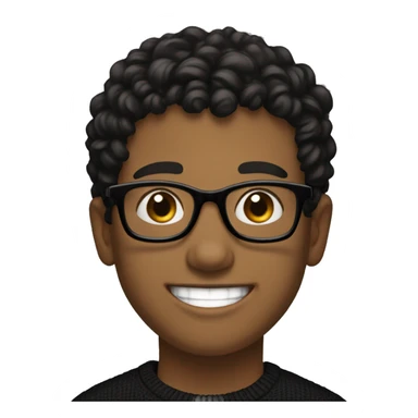 a young brown boy, black glasses, smiling, white teeths, curly black hair, black pullover, laptop in front of him sticker