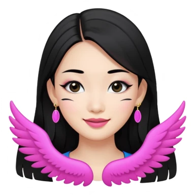 A Asian girl with fare skin and earrings, long straight black hair that is covering her checks with black eyes, smiling with a open wings eyeliner sticker