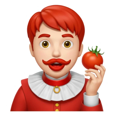 funny theater actor character who ate tomatoes, tomato sauce around mouth, dramatic expression, stage costume collar, 3D cartoon, mobile game icon style, clean background, no text, no watermark
 sticker