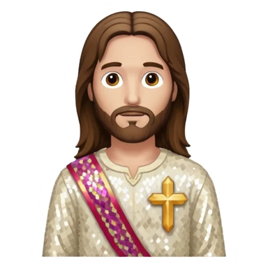 Jesus Christ with long brown hair, ivory sequin outfit sticker