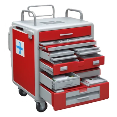 Singular Red medical crash cart is a mobile, multi-drawer unit designed to store and organize emergency medical supplies and equipment and a cardiac defibrillator on top sticker