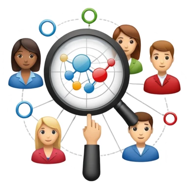 An icon featuring a group of diverse people, a social network diagram, and a magnifying glass, symbolizing sociology. The design includes charts and interconnected lines, representing the study of societies, relationships, and social behavior. Transparent background highlights social analysis. sticker