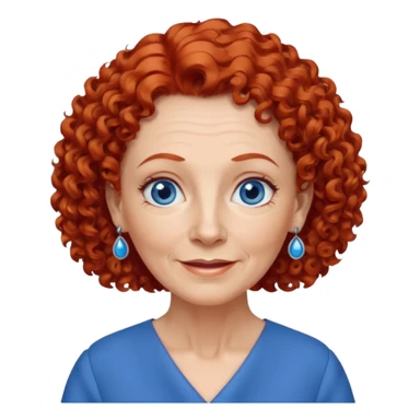 una profesora mayor simpática con el pelo rojo rizado, ojos azules, vestido azul y pendientes azules hablando sticker