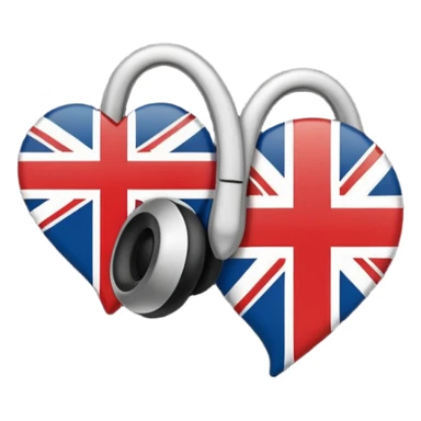 Minimalistic flat vector icon, iOS style, thin black contour on white background. Ear icon with sound waves and small UK/USA flag symbol. Clean, no text, no shadows sticker