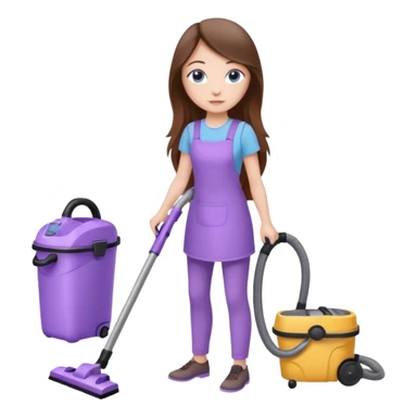 beautiful girl with long brown hair, blue eyes and wearing light purple clothes, cleaning and vacuuming sticker