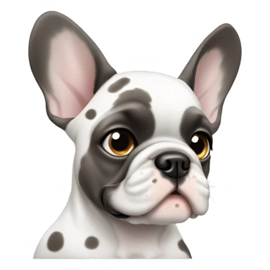 A puppy French bulldog with light grey fur and dark spots with one blue eye and one brown sticker