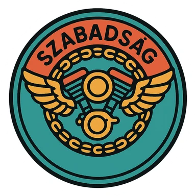 circular motorcycle cap design with the Hungarian word 'Szabadság', featuring motorcycle motifs like wings, motor, chain, dynamic style sticker