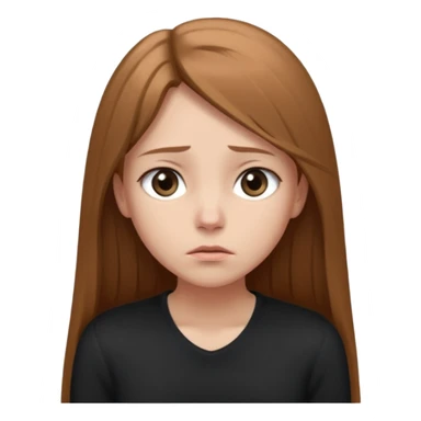 emoji of a girl with long, straight light brown hair, fair skin, soft grey eyes. Wearing a black. Standing slightly apart from a group of people, shoulders slightly hunched, arms loosely at her sides, head tilted down, eyes looking away. Nervous, unsure, miserable, and afraid.  sticker