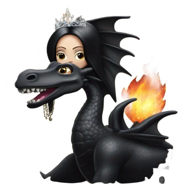 Victorian evening dressed, young Morticia Addams Jedi wearing a mini tiara, riding on the back of a very large black shiny evil-looking fire-spewing horned dragon sticker