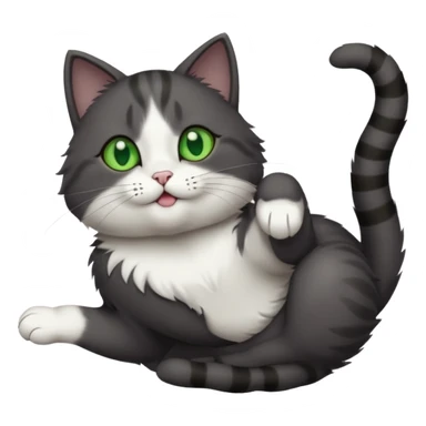 dark grey cat with green eyes, white toes/paws and white patch on her chest playfully rolling upside down sticker