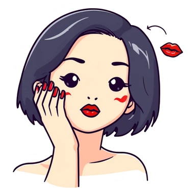 Cute girl with black hair and red lipstick kiss marks on her face sticker