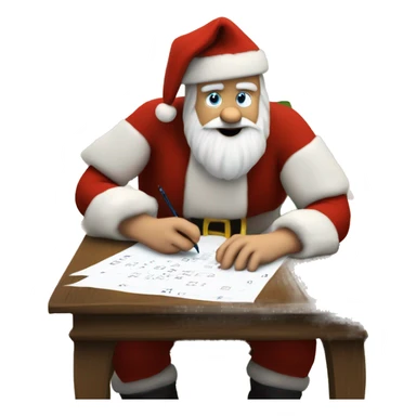 White Father Christmas is sitting on a desk, writing something down on a sheet of paper, solving complicated math puzzles, you can see the math tasks/ exercises sticker