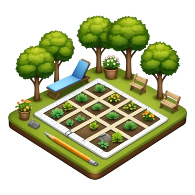 Icon for Landscape Design: a garden layout with trees, plants, pathways, and outdoor furniture, along with design tools like a ruler and sketchpad. The icon should represent the creativity and planning behind landscape design. Transparent background. sticker