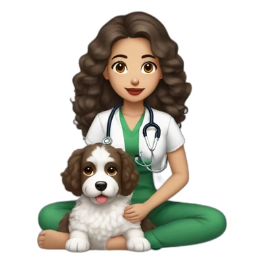 young moroccan woman with dark brown eyes, dark long curling hair, red lips, a green top, a stethoscope and a white cotton of tulear dog on her lap sticker