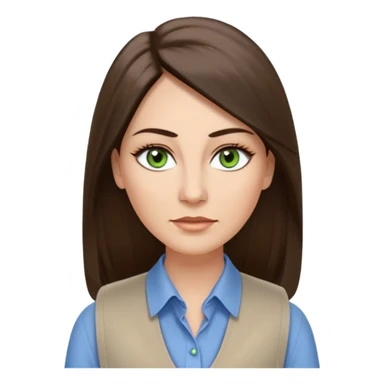 43 year old Adult woman avatar, light skin tone, long, oval face, long straight ashy brown hair, green almond-shaped eyes with dramatic eyelashes and minimal eyeliner, neutral mouth, medium straight eyebrows, average nose, smooth skin,  white collared button down shirt, blue vest sticker