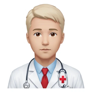 "A simple and clean bust of a male doctor in a white lab coat with a red cross emblem on the chest. He has a light blue shirt and a subtle red tie. A minimalistic stethoscope drapes around his neck with a thin, smooth design. His facial features are simplified but expressive, with short, neatly styled hair and a calm, confident look. Behind him, a faint, abstract medical symbol (such as a heartbeat line or a plus sign) subtly reinforces the healthcare theme. The overall style is modern, sleek, and minimalistic, using smooth lines and soft shading. sticker
