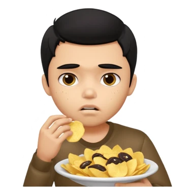 a PRETTY BRATZ boy with black hair, stuffing his face with chips and looking sad sticker