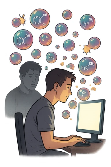 a man sits in front of a glowing screen, with colorful, artificial-looking dopamine molecules floating around his head like soap bubbles. Some bubbles pop and disappear quickly, symbolizing fleeting pleasure. In the background, a shadowy version of the man looks unsatisfied or empty, highlighting the temporary nature of the gratification. sticker