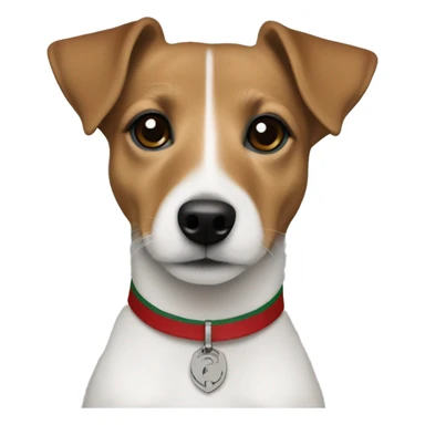 one year old jack russell terrier light brown wearing gucci green and red sticker