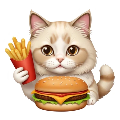 Cute Ragdoll cat eating burger and fries and a pizza  sticker