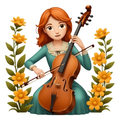 nature bard woman with freckles playing wooden cello among flowers sticker