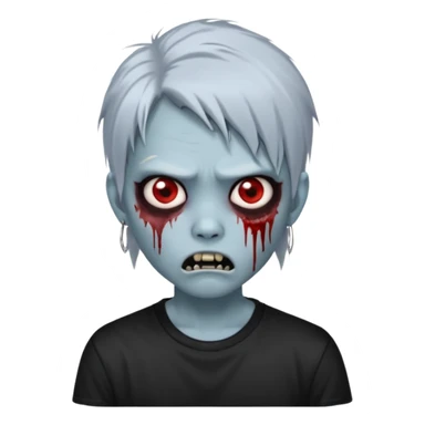 Create a 3D emoji-style avatar with very pale blue-grey zombie skin like the reference image, a young Asian face, and large eyes with blood tears. Give it white mullet hair style , silver hoop earrings, and a plain black T-shirt. The face expression should be slightly angry, with vampire fang  sticker