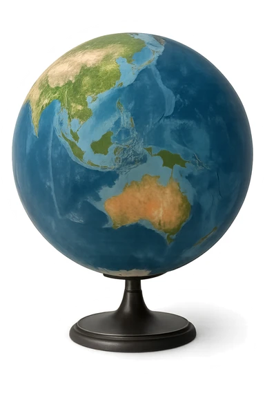 Create a realistic globe image showing Australia in view, with blue oceans and realistic land colors, on a transparent background. The style should be photorealistic and natural looking. sticker