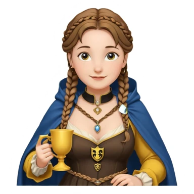 Helga Hufflepuff, blue eyes, brown-haired, two brown braids, yellow-black medieval dress, black cloak decorated with gold braiding, tiny gold cup with two handles, very kind smile, curvy busty sweet woman, macromastia, thick round rosy cheeks, gold pendant with round black stone sticker
