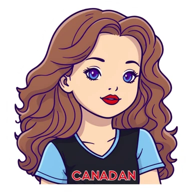 Pale skin wavy long brown hair with light brown highlights very light blue eyes red lipstick female wearing a black top with the phrase canadian chick's in red and purple font sticker