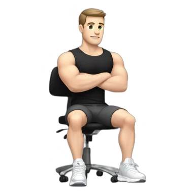 Pale skinned Fit Man With the biceps and dark brown hair in black shirt, gray sports shorts and white Sneakers Sitting on a chair sticker