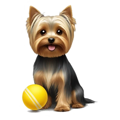 a Yorkshire terrier playing with a little yellow ball sticker