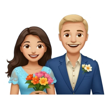 Couple  laughing traveling russian man and elegant  Latina girl delicate flowers and mountains in the background  sticker